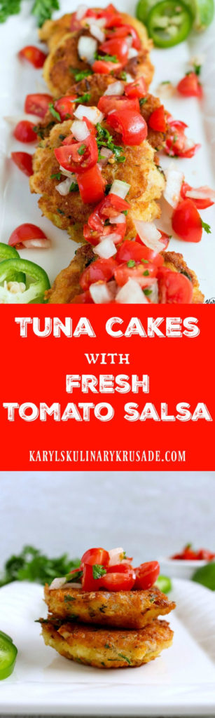 Tuna Cakes with Fresh Tomato Salsa is a delicious way to branch out when you're looking for a new way to eat tuna. The light and fresh tomato salsa pairs wonderfully with the savory tuna cakes #tuna #albacoretuna #tunacakes #seafood #tomatoes #salsa #freshsalsa #karylskulinarykrusade