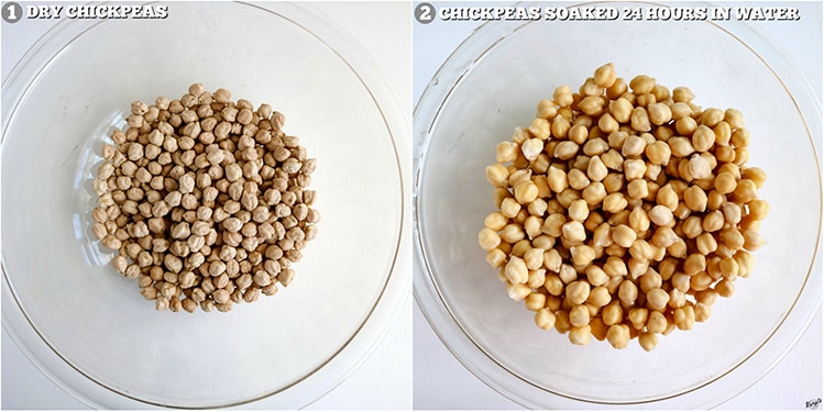process pictures: dry chickpeas in a glass bowl on the left, hydrated chickpeas in a glass bowl on the right