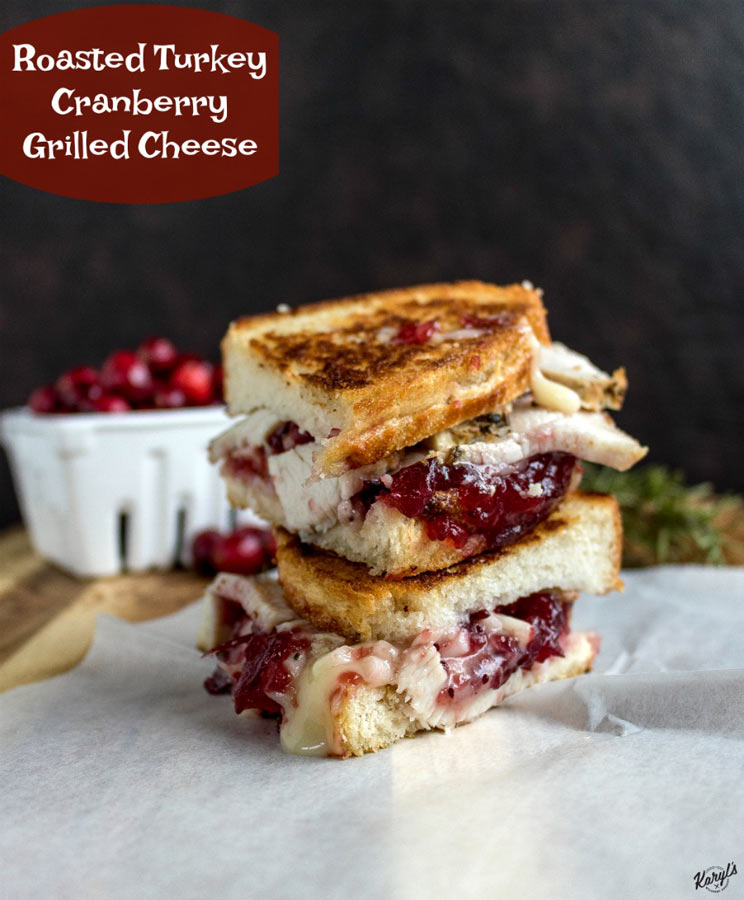 Roasted Turkey Cranberry Grilled Cheese is a delicious way to use up holiday leftovers. Turkey, cranberry sauce, and melted cheese combine for a mouthwatering bite #turkey #cheese #cranberries #grilledcheese #leftovers #karylskulinarykrusade