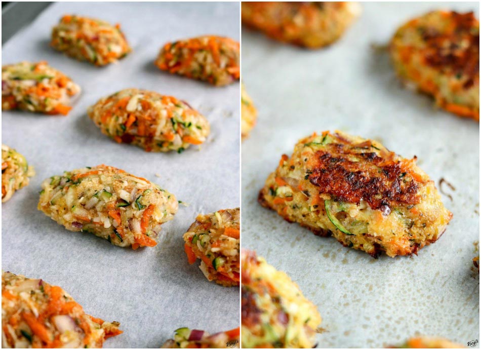 Process pics: zucchini tots formed and ready to bake on left; finished Baked Zucchini Carrot Tots on right