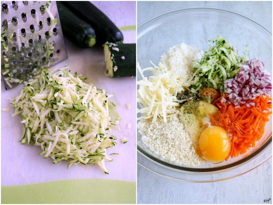 Process pics: shredded zucchini with box grater on left; bowl with all ingredients on right