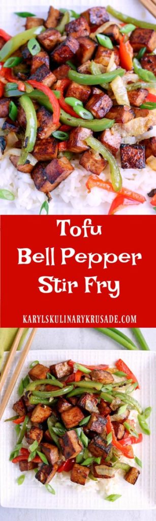 Tofu Bell Pepper Stir Fry will wake up your taste buds with a delicious marinade, gorgeous char on the tofu and a combination of bell peppers and onions. Perfect on its own for a gluten free meal, or serve over rice #tofu #marinatedtofu #bellpeppers #stirfry #vegetables #vegetarian #glutenfree #meatless #meatlessmonday #karylskulinarykrusade