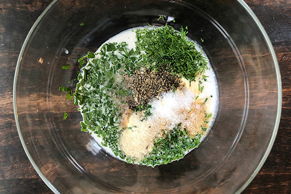 overhead shot of all ingredients in a glass bowl