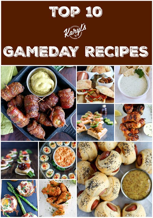 My Top 10 Gameday Recipes. All of these recipes will make you the star of your gameday tailgate or game watch party! All recipes are easy to make #gamedayfood #tailgatefood #gamedayrecipes #appetizers #fingerfood #partyfood #karylskulinarykrusade