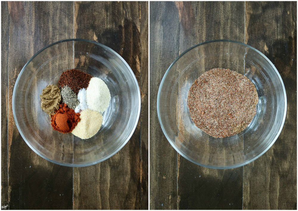 Process shot: seasoning spices in a glass bowl on the left; seasoning spices combined in a glass bowl on the right 