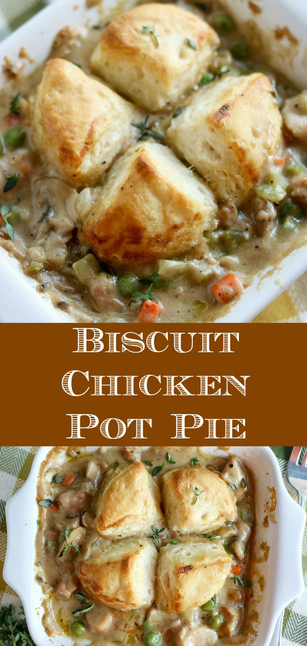 Chicken Pot Pie is a classic comfort food! Skip the canned "cream of" soups and make the filling from scratch in minutes. Topped with biscuits and baked to golden perfection, this dish is perfect to warm you up #chicken #biscuits #chickpenpotpie #comfortfood #homemadesauce #ovenbaked #karylskulinarykrusade