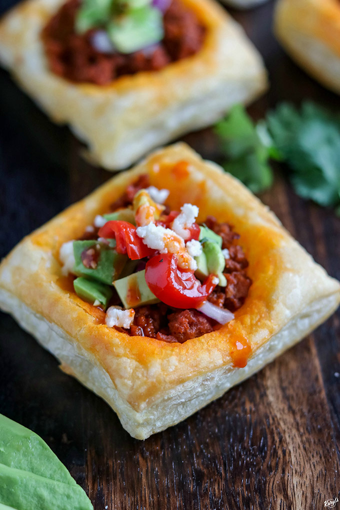 #Ad Vegetarian Chorizo Taco Puff Pastry Bites will wow your guests. This delicious appetizer features MorningStar Farms Chorizo Crumbles, finished with your favorite taco toppings. Easy to make, and ready in 20 minutes @walmart @morningstarfrms #MeatlessMonday #TasteIt2BelieveIt #MorningStarFarms #CollectiveBias #vegetarian #chorizocrumbles #chorizotacos #puffpastry #appetizer #fingerfood #entertaining #karylskulinarykrusade
