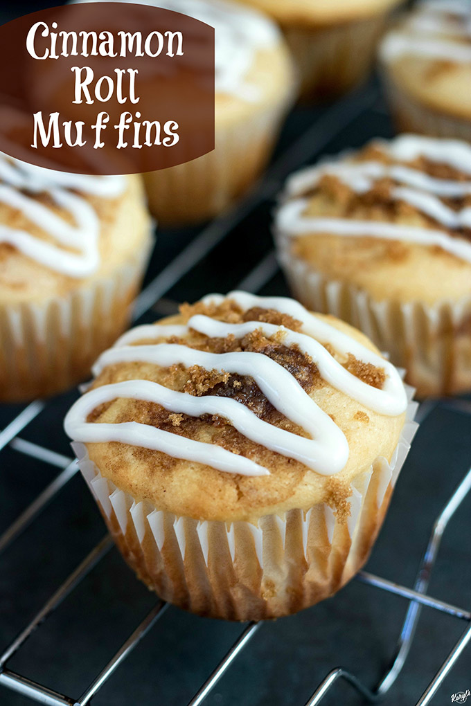 Cinnamon Roll Muffins have all the flavors of your favorite indulgent cinnamon rolls, in an easy-to-eat, handheld bite. Swirled and topped with a mouthwatering cinnamon sugar filling, and finished with a wonderful cream cheese drizzle, these are hard to resist #cinnamonroll #cinnamon #brownsugar #creamcheese #breakfastmuffin #karylskulinarykrusade