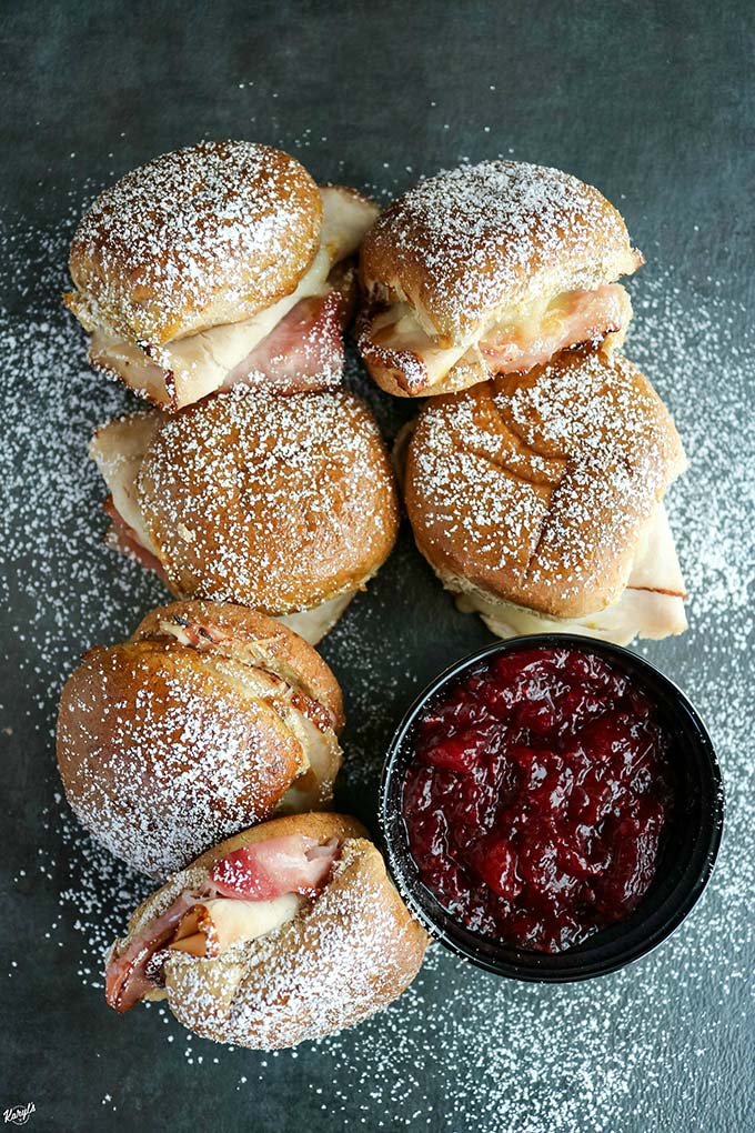 overhead shot of finished Monte Cristo sliders, with a side of raspberry preserves