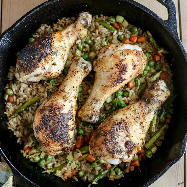 overhead shot of Dirty Rice Chicken Skillet