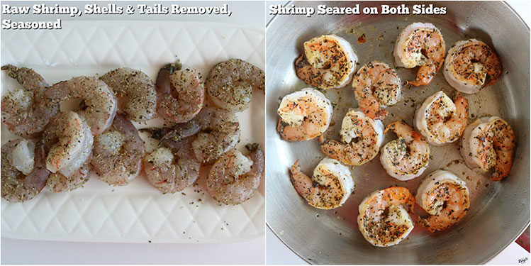 Process shots: raw shrimp on left; shrimp seared in skillet on right