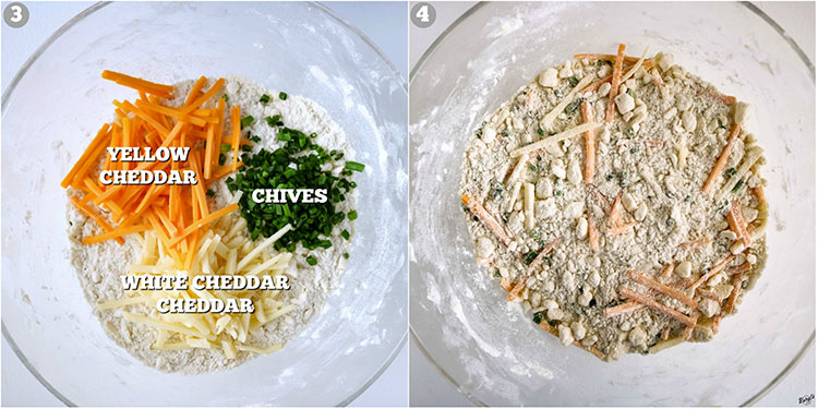 process shots: all ingredients in bowl on left; ingredients mixed together in bowl on right
