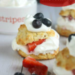 head on shot of finished shortcake wtih fruit garnish in front, plus bowl of whipped cream in the back