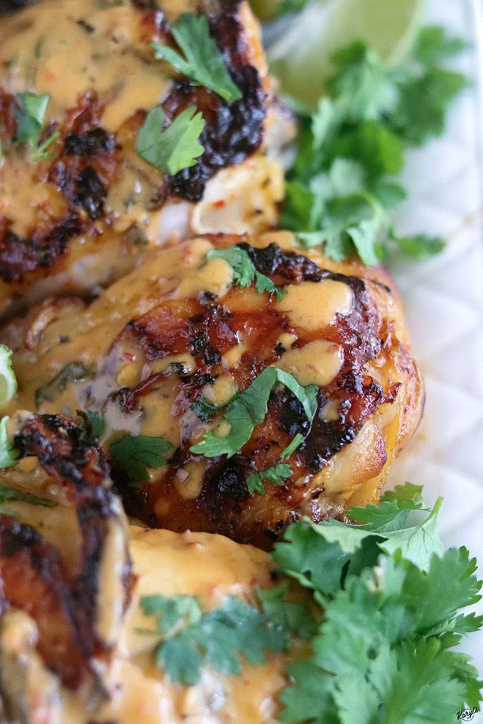 close up shot of grilled chicken on a white plate with cilantro garnish