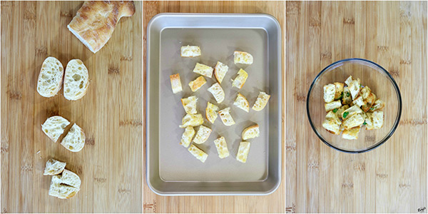 overhead process shots in 3 stages of crouton preparation